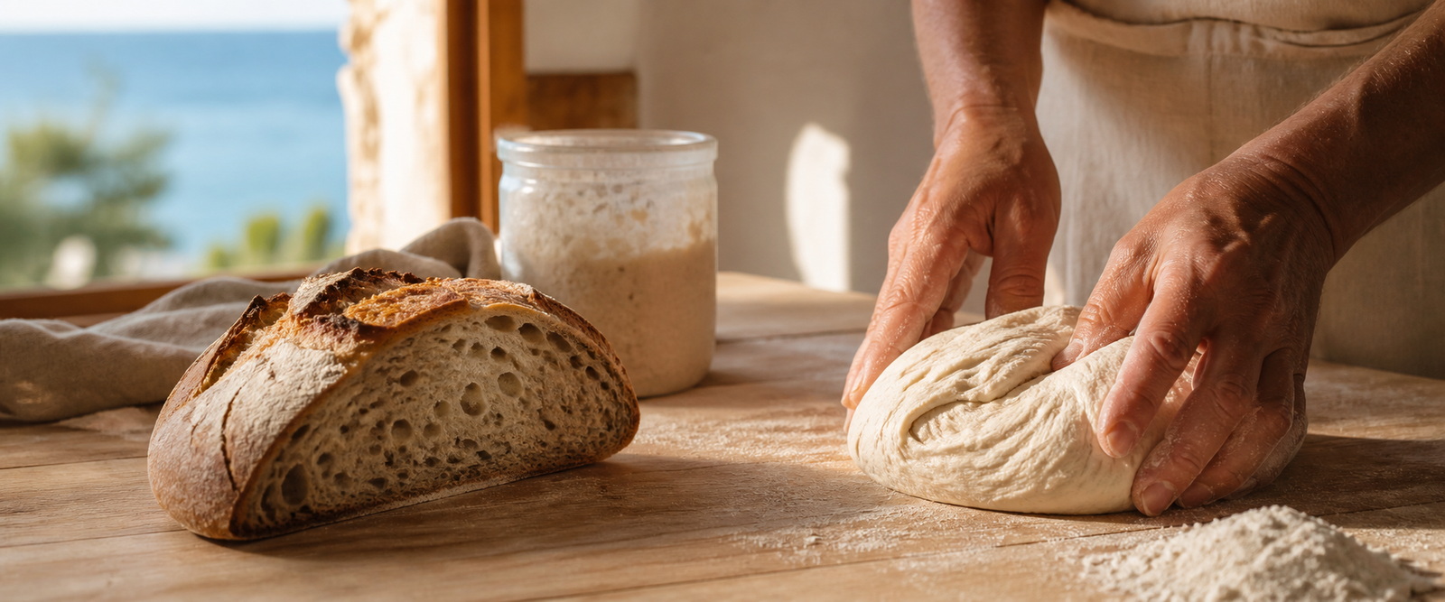 Manos trabajando una masa de pan junto a un pan de masa madre abierto y un tarro de masa madre, con luz mediterránea