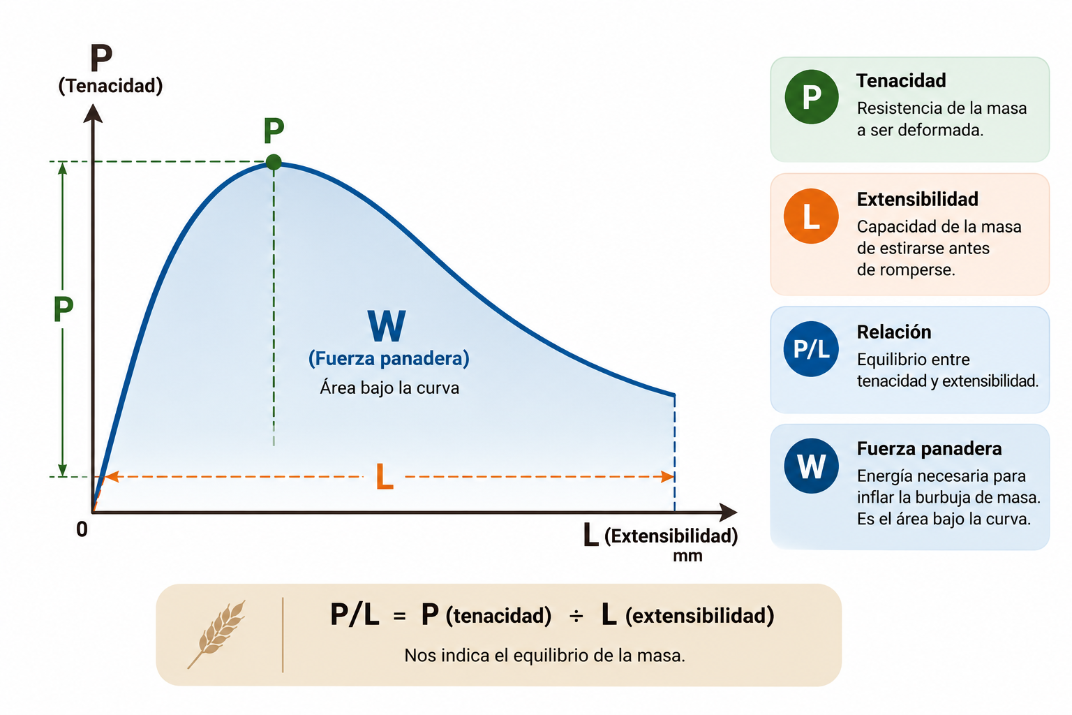 Alveograma con los datos P, L, P/L y W de una harina