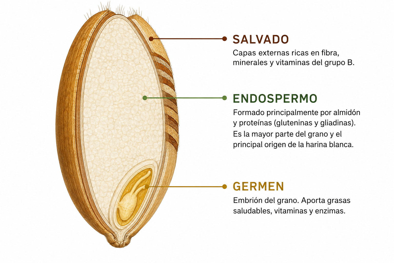 Partes del grano de trigo: salvado, endospermo y germen
