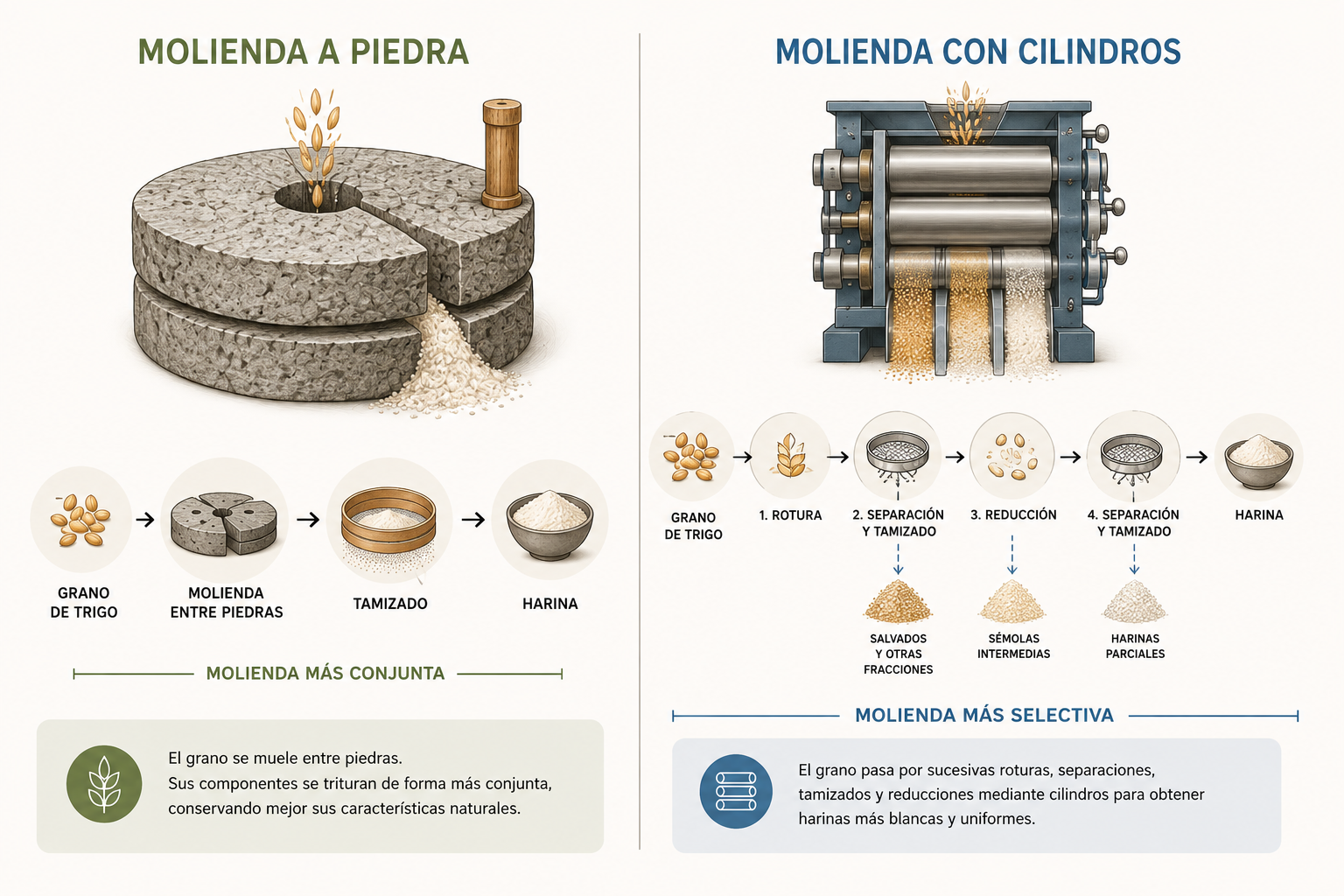 Comparación entre la molienda a piedra y la molienda con cilindros