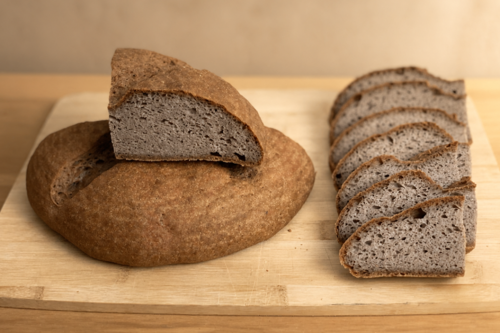 Pan de trigo sarraceno sin gluten cortado para mostrar la miga