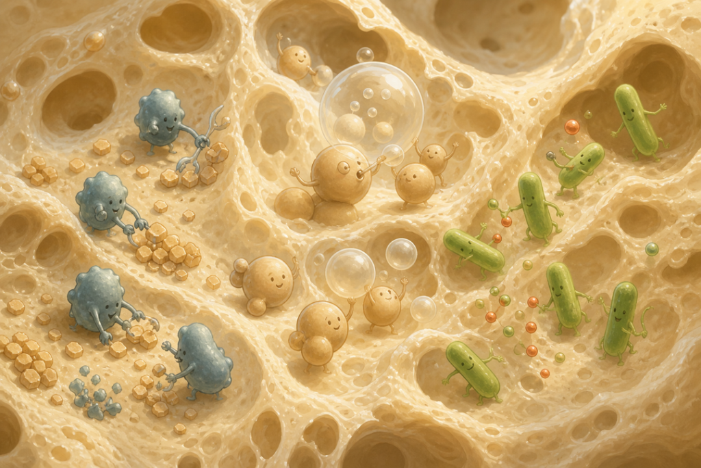 Ilustración del interior de una masa donde enzimas, levaduras y bacterias trabajan durante la fermentación