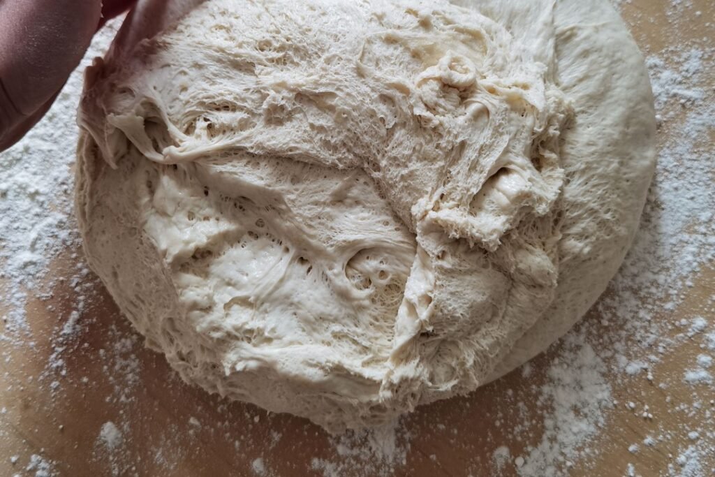 Masa de pan fermentada abierta mostrando su red interior