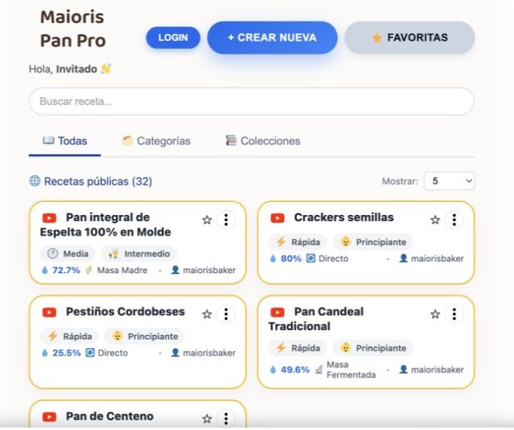 Pantalla principal de Maioris Pan Pro con buscador, colecciones y fichas de recetas de pan