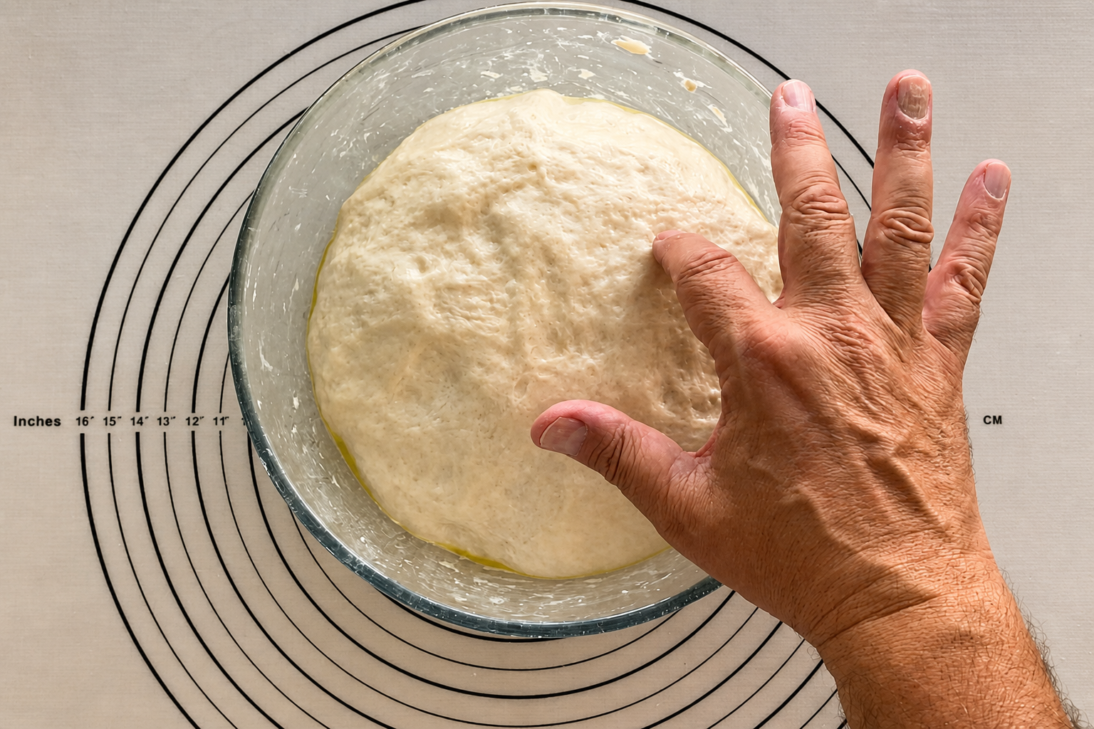 Masa de pan fermentada con burbujas mientras se comprueba suavemente con la mano