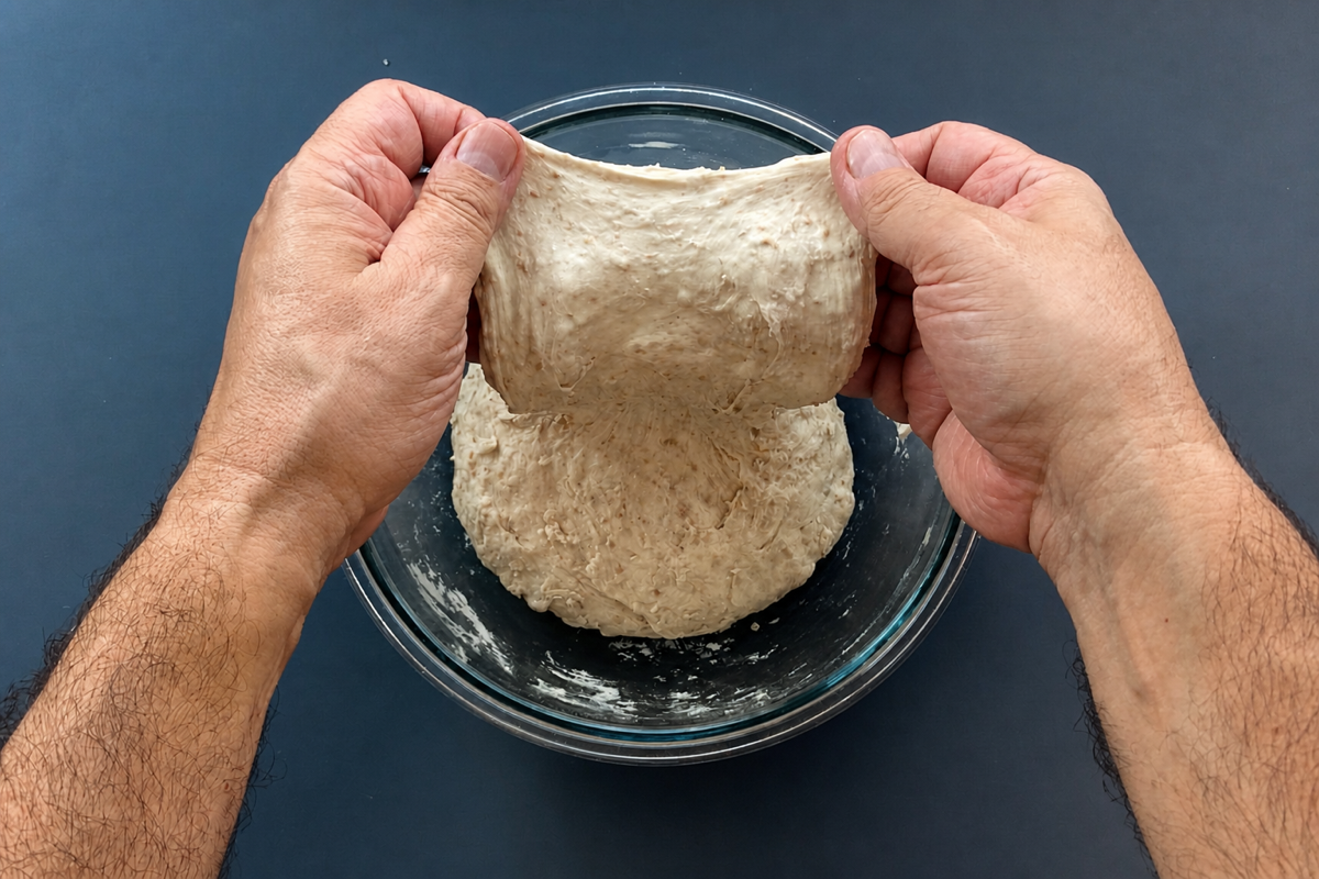 Masa de pan estirada suavemente después del reposo de harina y agua