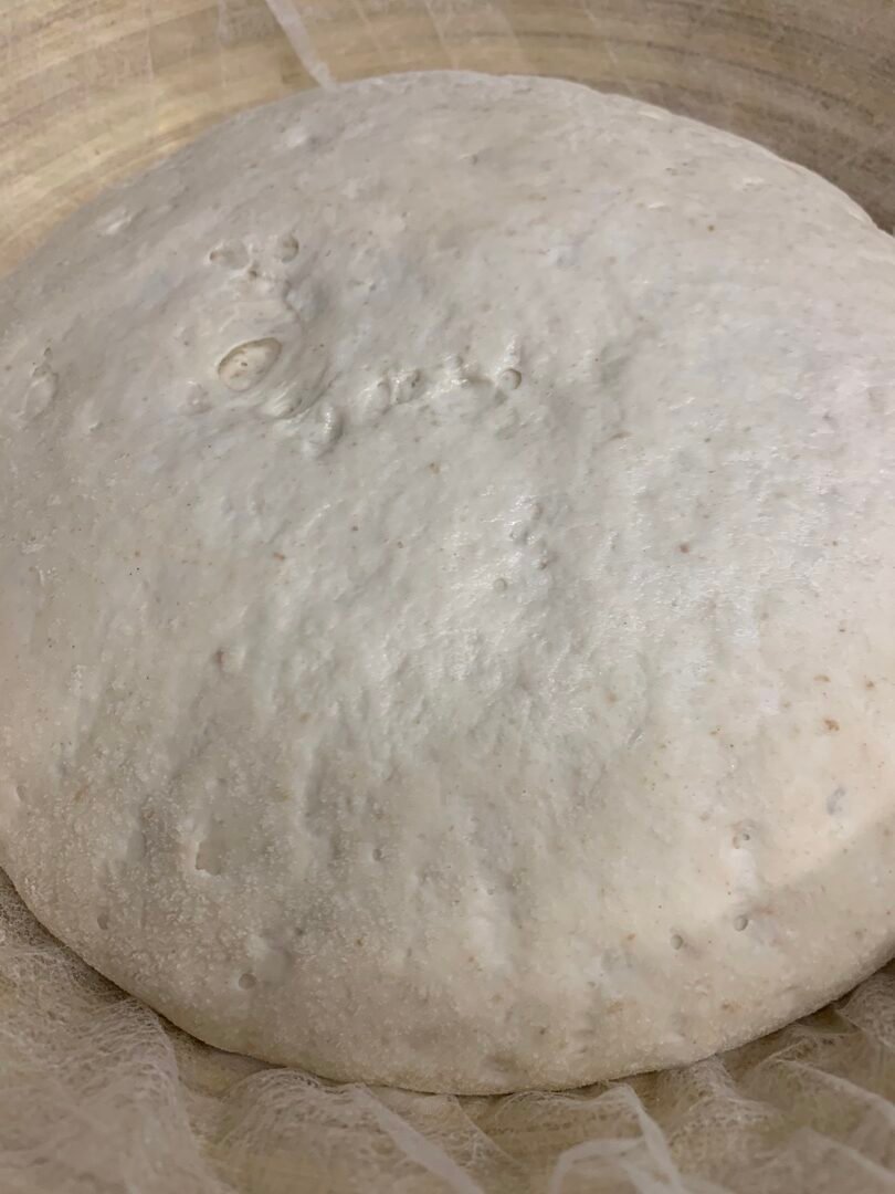 Superficie de una masa de pan fermentada con burbujas visibles