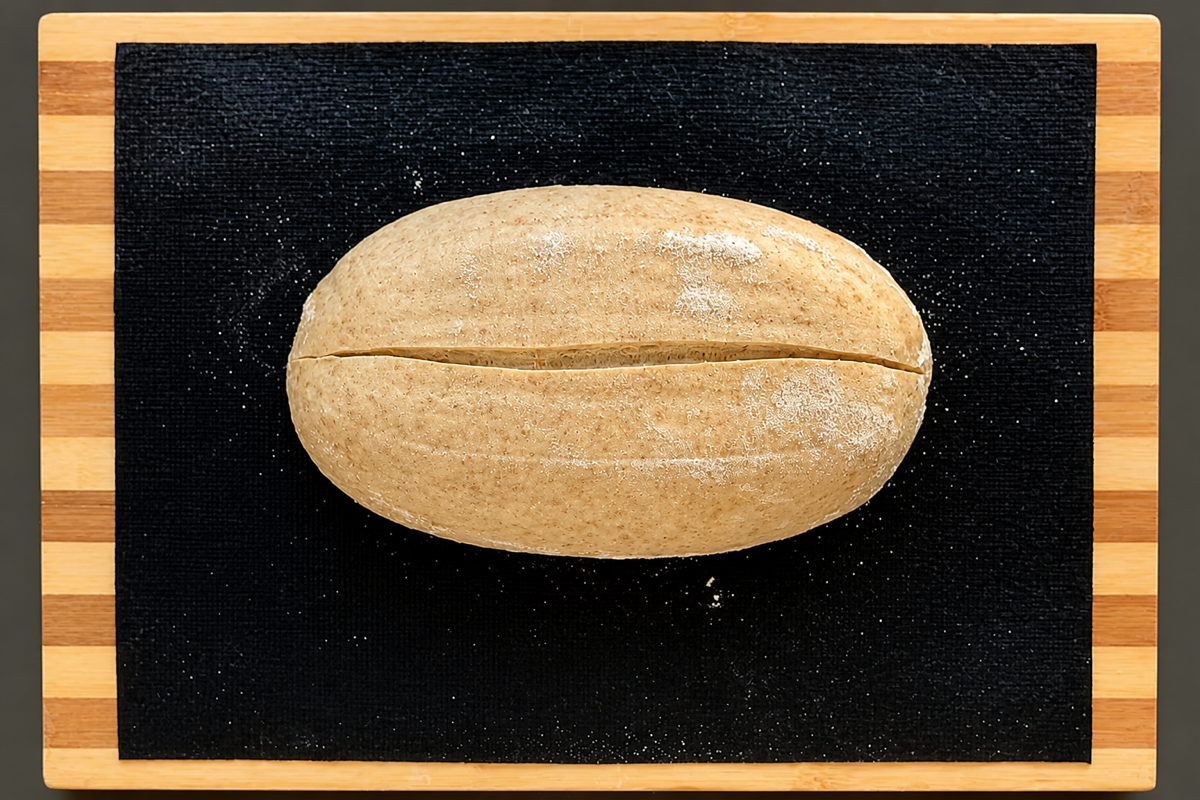 Pan de masa madre formado con un corte longitudinal antes de entrar en el horno