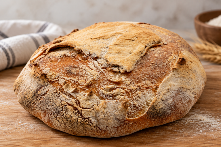 Hogaza de pan con poco desarrollo en el horno y estructura baja