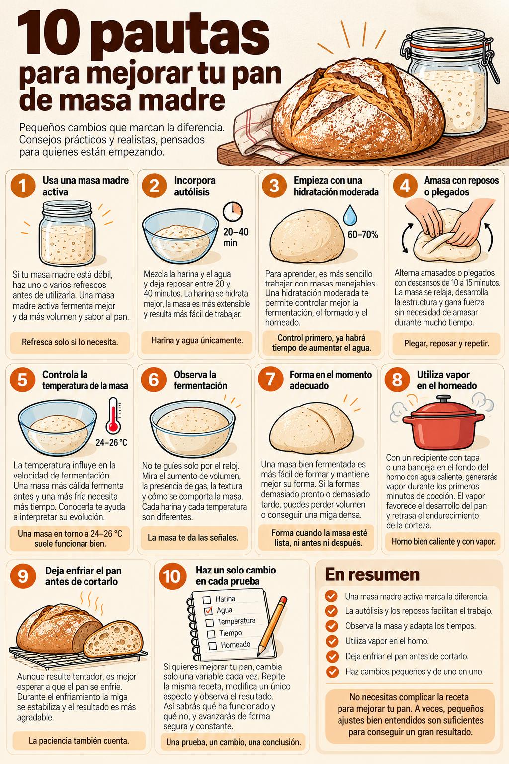 Infografía ilustrada con un resumen de las pautas para mejorar el pan de masa madre