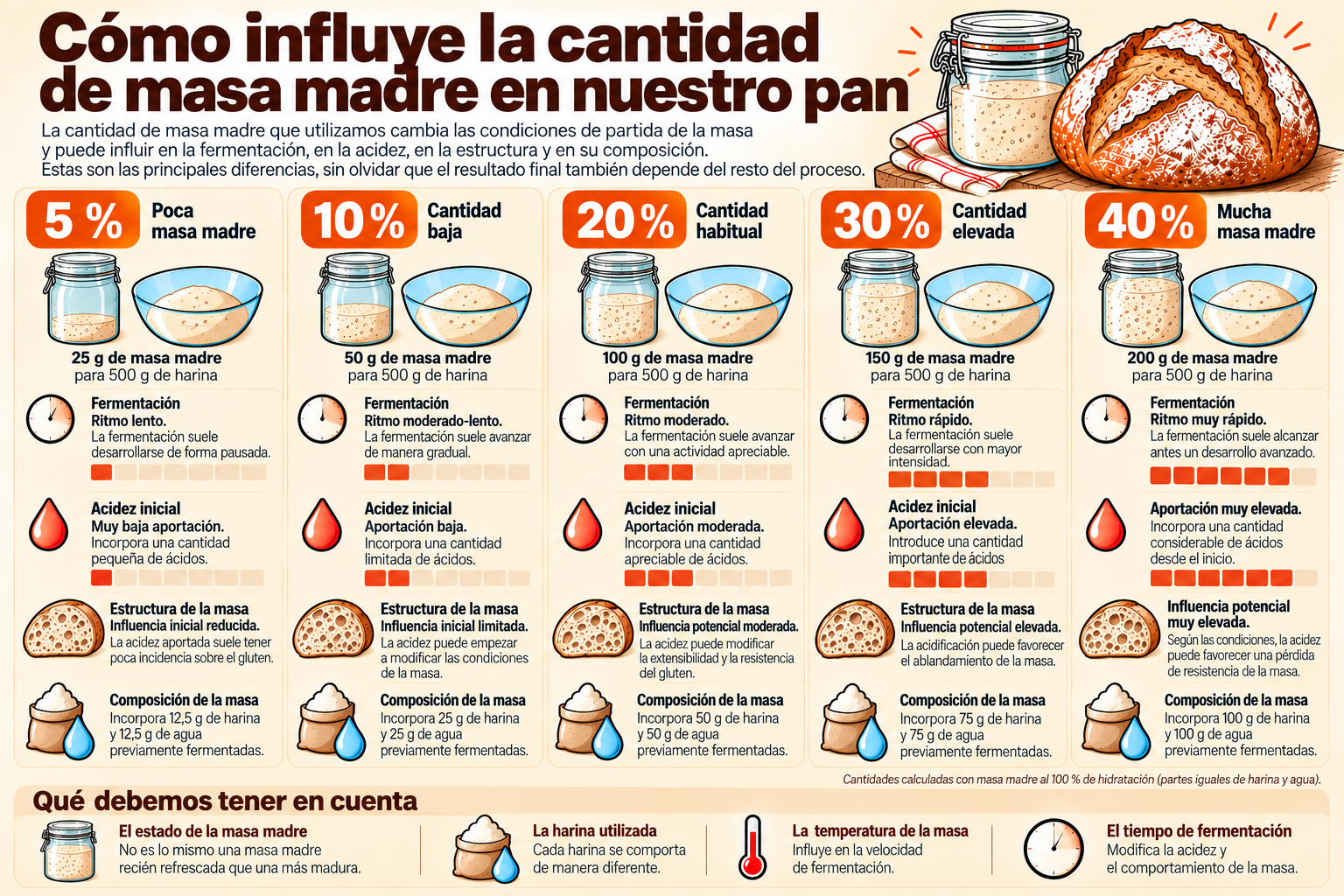 Infografía comparativa de masa madre al 5 %, 10 %, 20 %, 30 % y 40 %: fermentación, acidez inicial, estructura y composición de la masa.