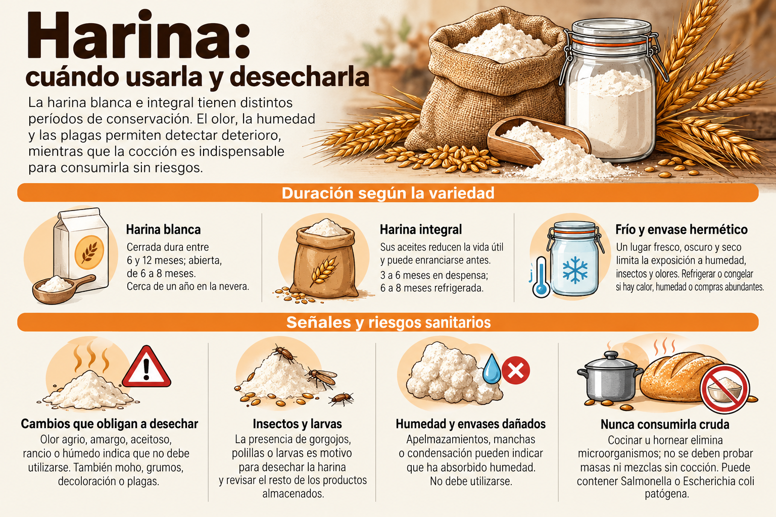 Guía ilustrada sobre cómo conservar la harina y reconocer señales de deterioro