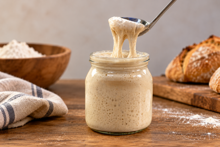 Masa madre activa y burbujeante levantada con una cuchara