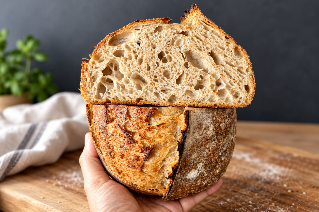 Hogaza artesanal de pan de masa madre con corteza dorada y greñado abierto