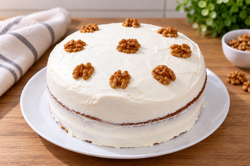 Carrot Cake entera con frosting blanco de queso crema y nueces, sobre un plato blanco.