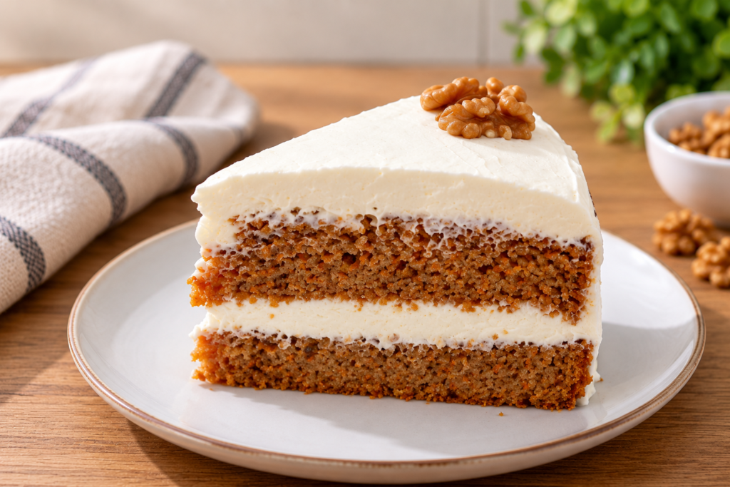 Porción de Carrot Cake con bizcocho de zanahoria y frosting de queso crema